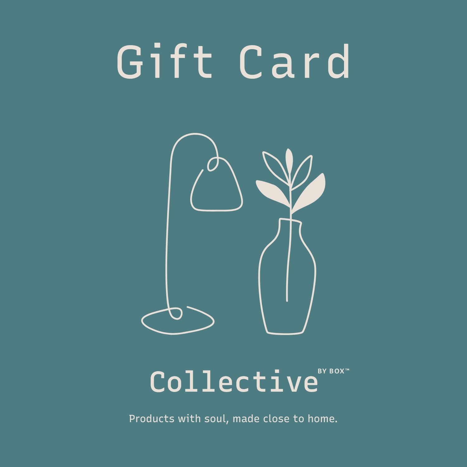 Gift card with line drawings of a lamp and plant on a teal background, featuring the Collective by Box brand.