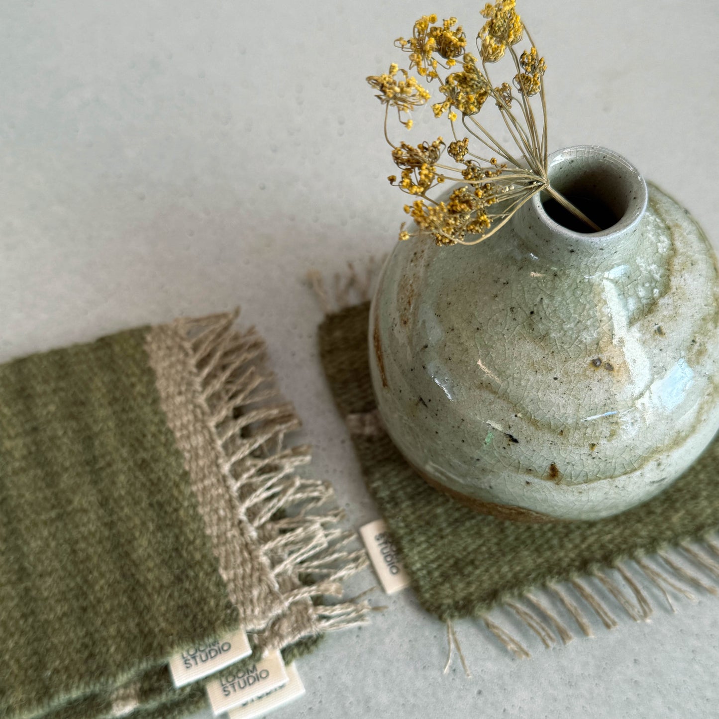 Loom Studio. Deep Green Linen + Wool Stripe Woven Set of 4