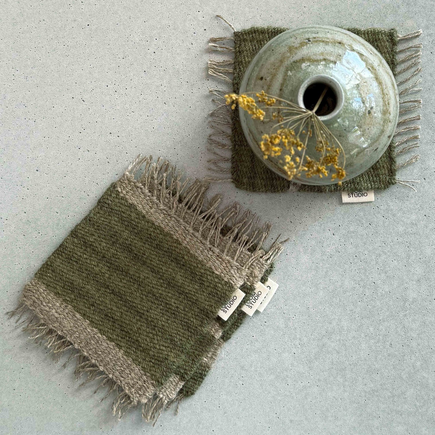 Loom Studio. Deep Green Linen + Wool Stripe Woven Set of 4