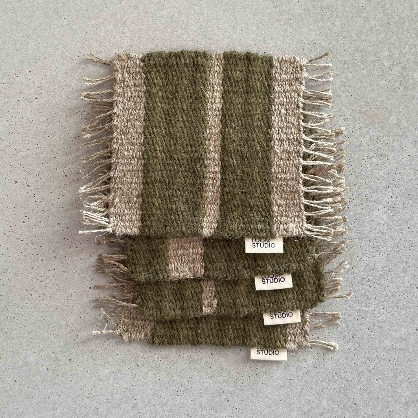 Loom Studio. Deep Green Linen + Wool Stripe Woven Set of 4