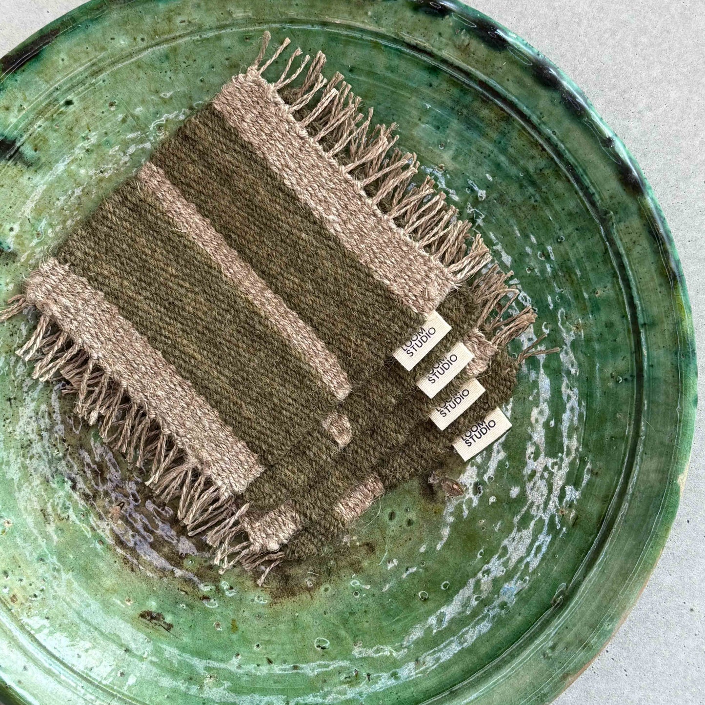 Loom Studio. Deep Green Linen + Wool Stripe Woven Set of 4