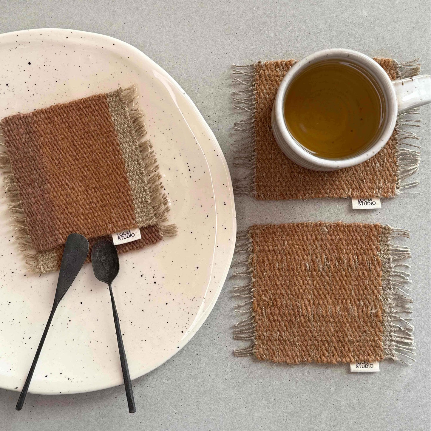 Loom Studio. Toffee Wool + Linen Stripe Woven Set of 2