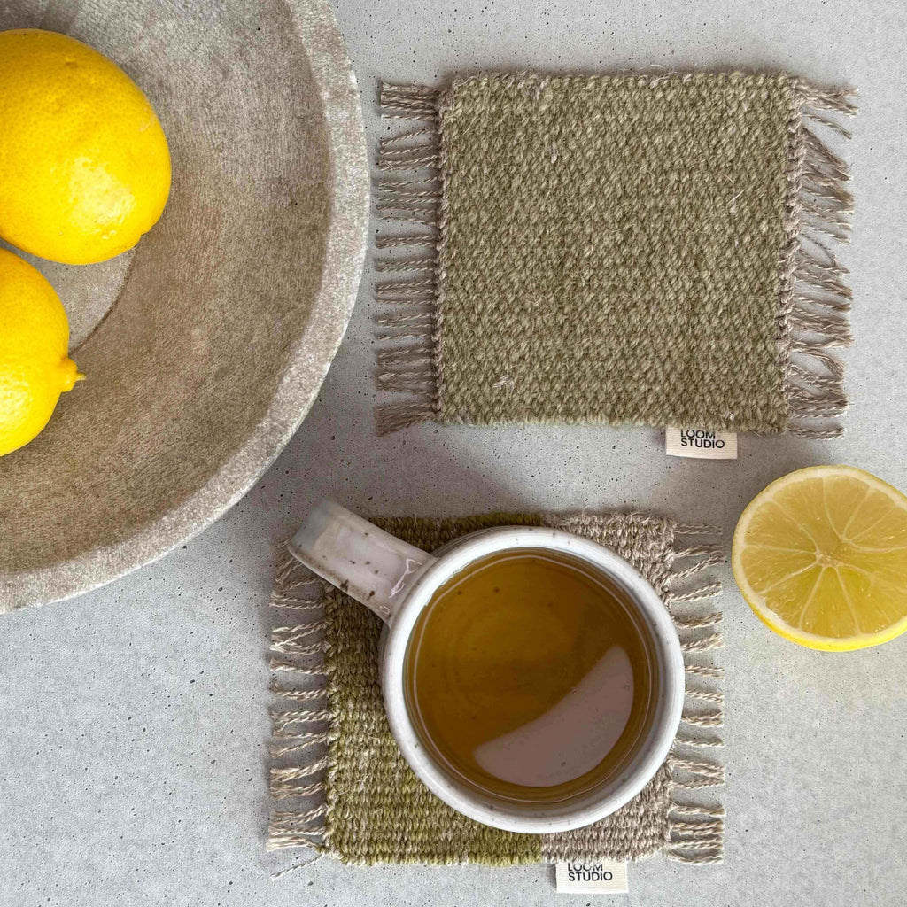 Loom Studio. Grass Green Linen + Wool Woven Set of 4