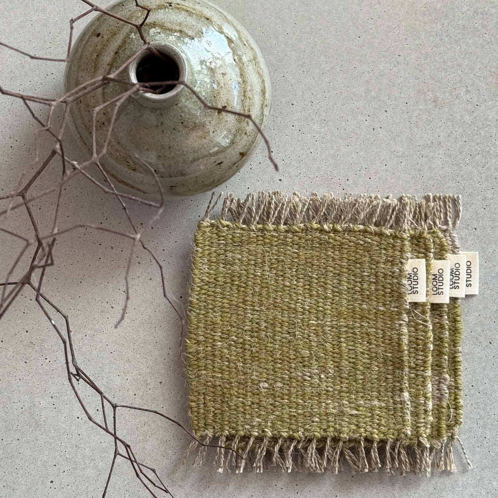 Loom Studio. Grass Green Linen + Wool Woven Set of 4