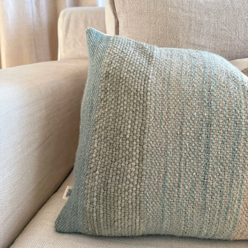 Loom Studio. Handwoven Linen Stripe Teal Cushion 50x35cm