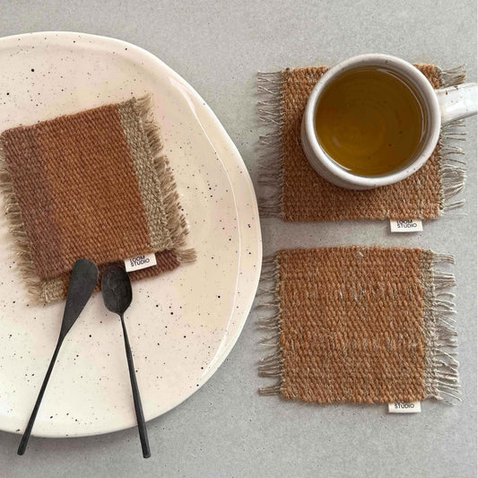 Loom Studio. Toffee Wool + Linen Stripe Woven Set of 2